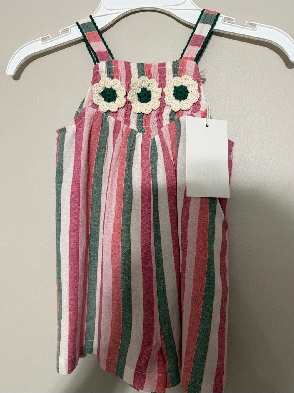 Zara Striped Pink & Green Crochet Flower Romper